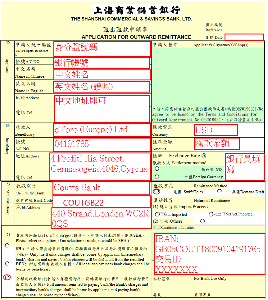 Etoro銀行電匯入金圖解教學-匯款申請書